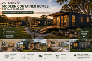 Collection of modern container homes for sale in Australia on a scenic rural property featuring contemporary steel homes with timber decks and landscaped surroundings.