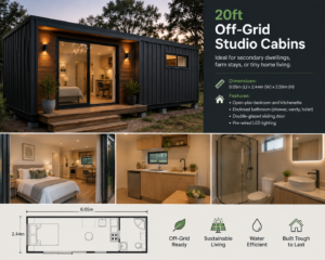 20ft off-grid studio cabin with open-plan bedroom, kitchenette, enclosed bathroom, double-glazed sliding door, and modern tiny home design.